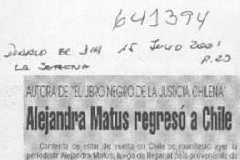 Alejandra Matus regresó a Chile  [artículo]