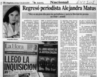 Regresó periodista Alejandra Matus  [artículo]