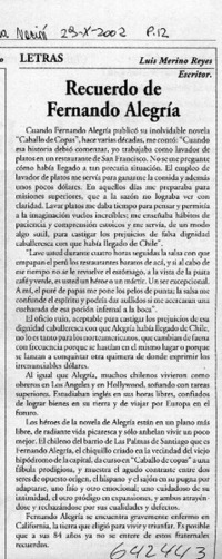 Recuerdos de Fernando Alegría  [artículo] Luis Merino Reyes