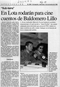 En Lota rodarán para cine cuentos de Baldomero Lillo  [artículo]