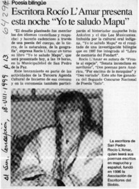 Escritora Rocío L'Amar presenta esta noche "Yo te saludo Mapu"  [artículo]