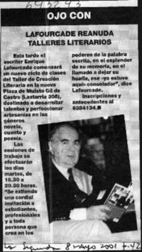 Lafourcade reanuda talleres literarios  [artículo]