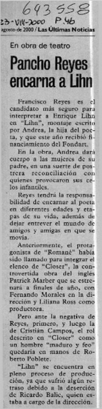 Pancho Reyes encarna a Lihn  [artículo]