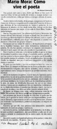 Mario Mora, como vive el poeta  [artículo] Samuel Jiménez M.