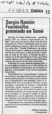Sergio Ramón Fuentealba premiado en Tomé  [artículo] Gilberto Grandón