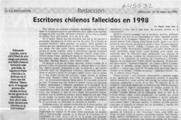 Escritores chilenos fallecidos en 1998  [artículo] Miguel Angel Díaz A.