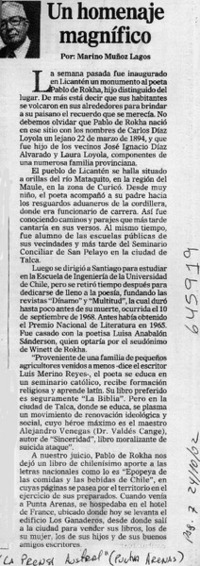 Un homenaje magnífico  [artículo] Marino Muñoz Lagos