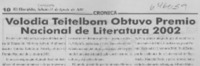 Volodia Teitelboim obtuvo Premio Nacional de Literatura 2002  [artículo]