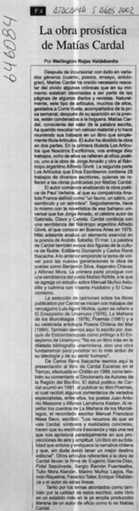 La obra prosística de Matías Cardal  [artículo] Wellington Rojas Valdebenito