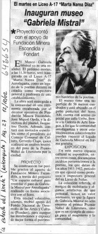 Inauguran museo "Gabriela Mistral"  [artículo]