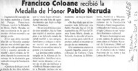 Francisco Coloane recibió la Medalla de Honor Pablo Neruda  [artículo]