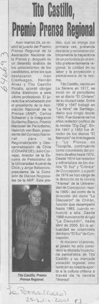 Tito Castillo, Premio Prensa Regional  [artículo]