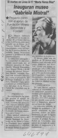Inauguran museo "Gabriela Mistral"  [artículo]