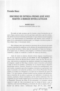 Discurso de entrega Premio José Nuez Martín a Hernán Rivera Letelier  [artículo] Mario Lillo