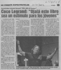 Coco Legrand, "Ojalá este libro sea un estímulo para los jóvenes"  [artículo]