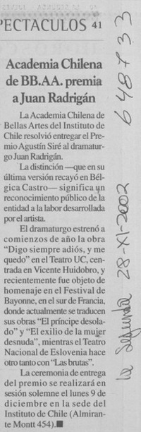 Academia Chilena de BB.AA. premia a Juan Radrigán  [artículo]