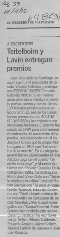 Teitelboim y Lavín entregan premios  [artículo]