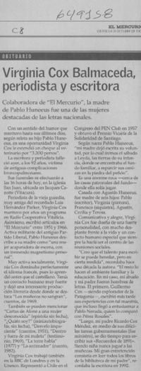 Virginia Cox Balmaceda, periodista y escritora  [artículo]