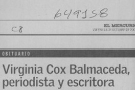 Virginia Cox Balmaceda, periodista y escritora  [artículo]