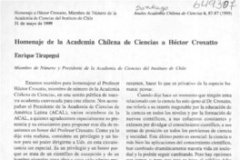 Homenaje de la Academia Chilena de Ciencias a Héctor Croxatto  [artículo] Enrique Tirapegui