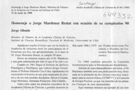 Homenaje a Jorge Mardones Restat con ocasión de su cumpleaño 90  [artículo] Jorge Allende