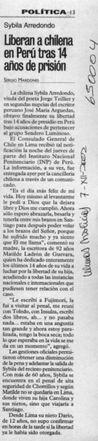 Liberan a chilena en Perú tras 14 años de prisión  [artículo] Sergio Mardones
