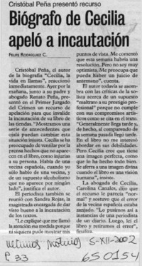 Biógrafo de Cecilia apeló a incautación  [artículo] Felipe Rodríguez C.