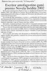 Escritor antofagastino ganó premio Novela Inédita 2002  [artículo]