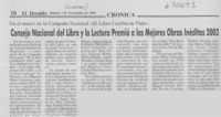 Consejo Nacional del Libro y la lectura premió a las mejores obras inéditas 2002  [artículo]