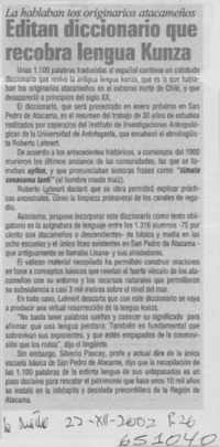 Editan diccionario que recobra lengua Kunza  [artículo]