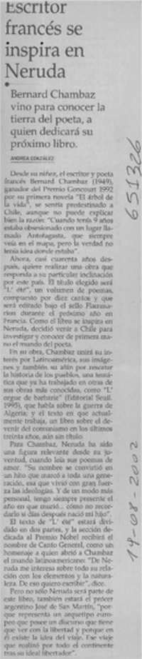 Escritor francés se inspira en Neruda  [artículo] Andrea González