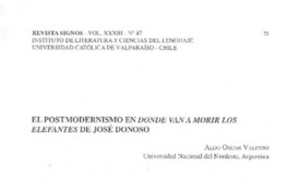 El postmodernismo en Donde van a morir los elefantes de José Donoso  [artículo] Aldo Óscar Valesini