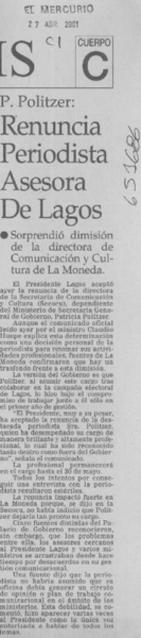 Renuncia periodista asesora de Lagos  [artículo]