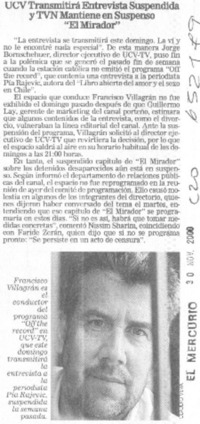 UCV transmitirá Entrevista suspendida y TVN mantiene en suspenso "El mirador"  [artículo]
