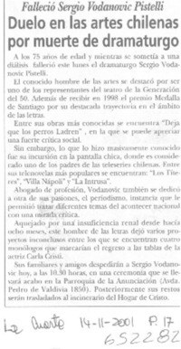 Duelo en las artes chilenas por muerte de dramaturgo  [artículo]