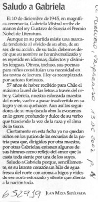 Saludo a Gabriela  [artículo] Juan Meza Sepúlveda