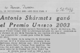 Antonio Skármeta ganó el Premio Unesco 2003  [artículo]