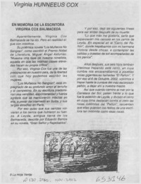En memoria de la escritora Virginia Cox Balmaceda  [artículo] Virginia Huneeus