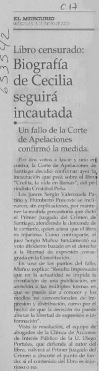 Biografía de Cecilia seguirá incautada  [artículo]