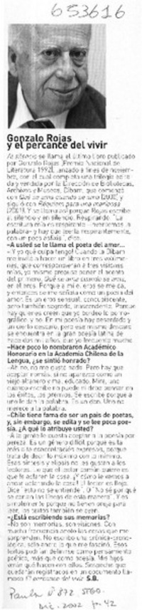 Gonzalo Rojas y el percance del vivir  [artículo] S. B.