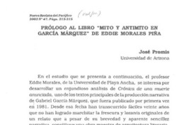 Prólogo al libro "Mito y antimito en García Márquez" de Eddie Morales Piña  [artículo] José Promis
