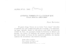 Antonia Torres en la ciudad que viaja hacia adentro  [artículo] Óscar Barrientos