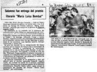 Solemne fue entrega del premio literario "María Luisa Bombal"  [artículo] Hernán Camacho.