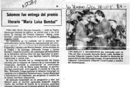 Solemne fue entrega del premio literario "María Luisa Bombal"  [artículo] Hernán Camacho.