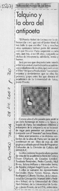 Talquino y la obra sel antipoeta.  [artículo]