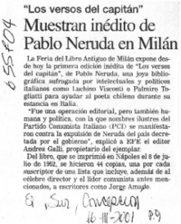 Muestran inédito de Pablo Neruda en Milán.  [artículo]