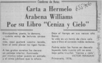 Carta a Hermelo Arabena Williams por su libro "Ceniza y cielo".  [artículo]