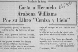 Carta a Hermelo Arabena Williams por su libro "Ceniza y cielo".  [artículo]