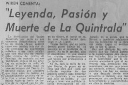 Leyenda, pasión y muerte de La Quintrala."  [artículo] P. V.