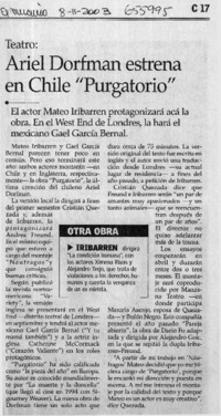 Ariel Dorfman estrena en Chile "Purgatorio".